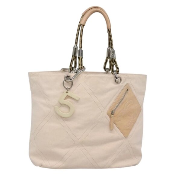 CHANEL COCO Mark Tote Bag No.5 Canvas White Silver CC Auth gh524 - Picture 1 of 16